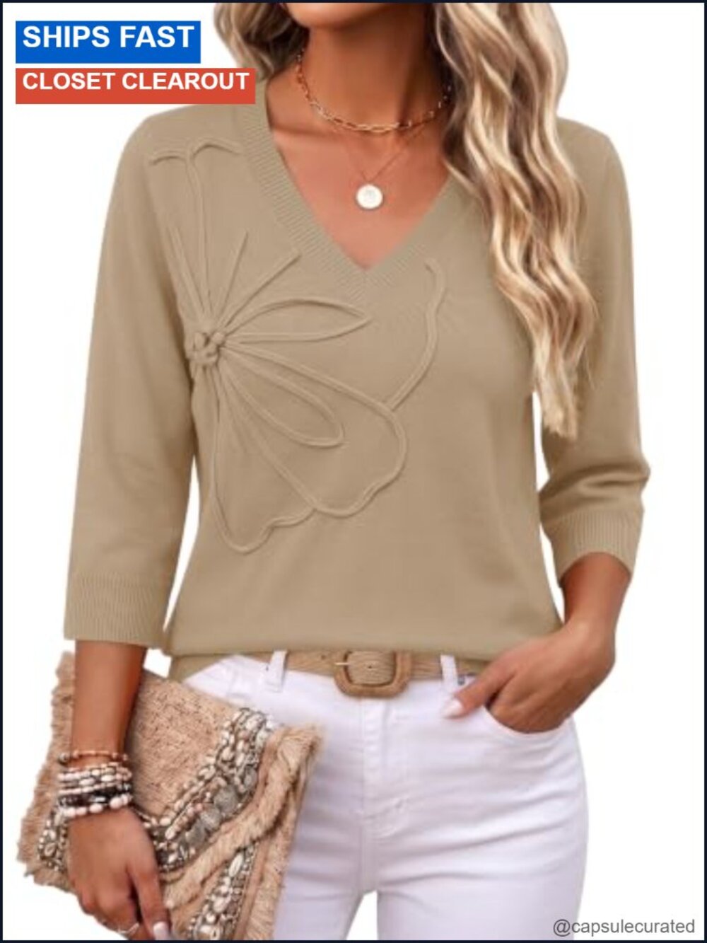 V-Neck Pullover Sweater 3/4 Sleeve Floral Knit Top Work Blouse